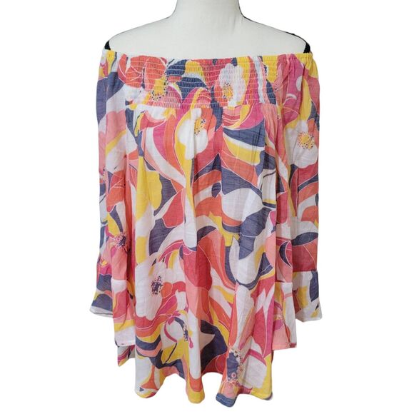 Cocomo Woman 1x Multi Floral Bell Sleeves Off Shoulder Artsy Blouse - Picture 1 of 6